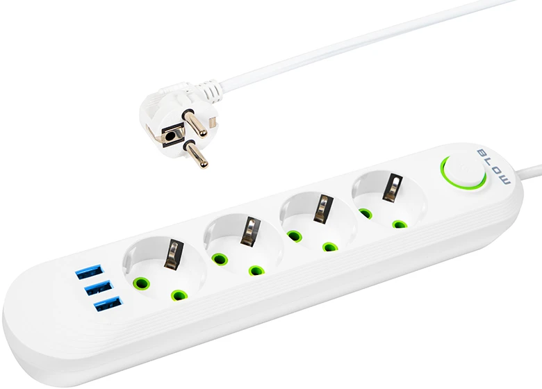 Blow PS-430 4 lizdų 3xUSB tinklo ilgintuvas 3m baltas 2x1mm