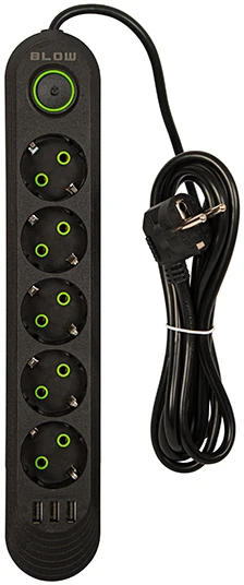 Blow PS-520 5 lizdų 3xUSB tinklo ilgintuvas 2m juodas 2x1mm