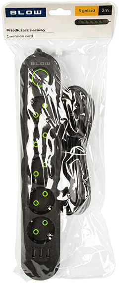 Blow PS-520 5 lizdų 3xUSB tinklo ilgintuvas 2m juodas 2x1mm