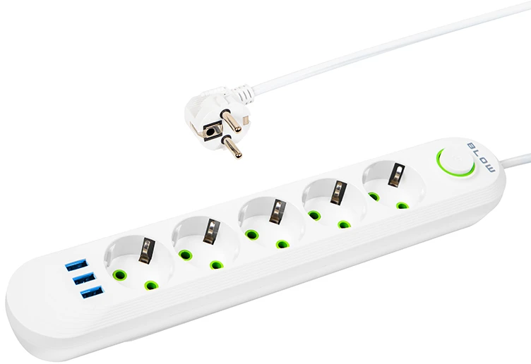 Blow PS-550 5 lizdų 3xUSB tinklo ilgintuvas 5m baltas 2x1mm