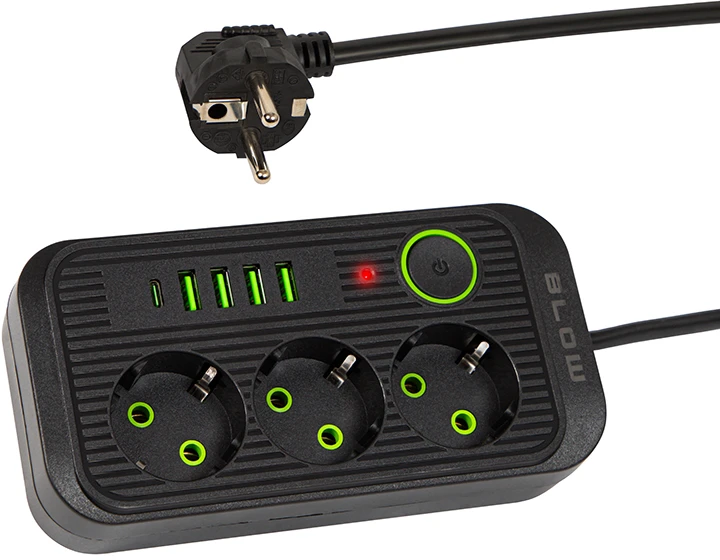 Blow PS-350U 3 lizdų tinklo ilgintuvas 4xUSB 1xUSB-C 5m juodas 2x1mm