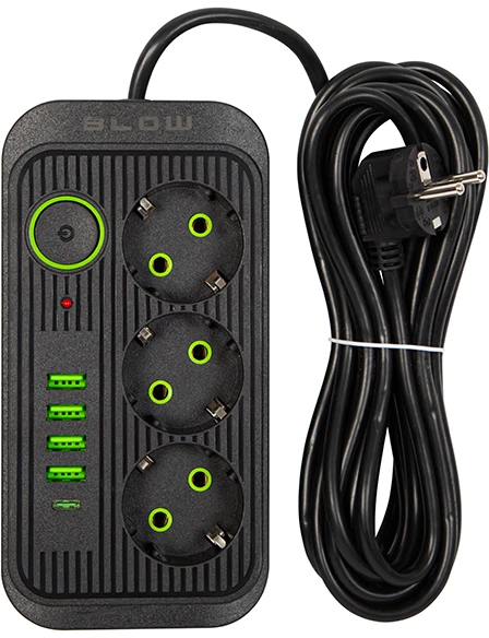Blow PS-350U 3 lizdų tinklo ilgintuvas 4xUSB 1xUSB-C 5m juodas 2x1mm