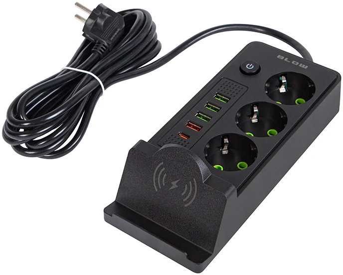 Blow PS-350U 3 lizdų maitinimo prailginimo laidas 4xUSB+USB-PD 3m juodas 3x1mm
