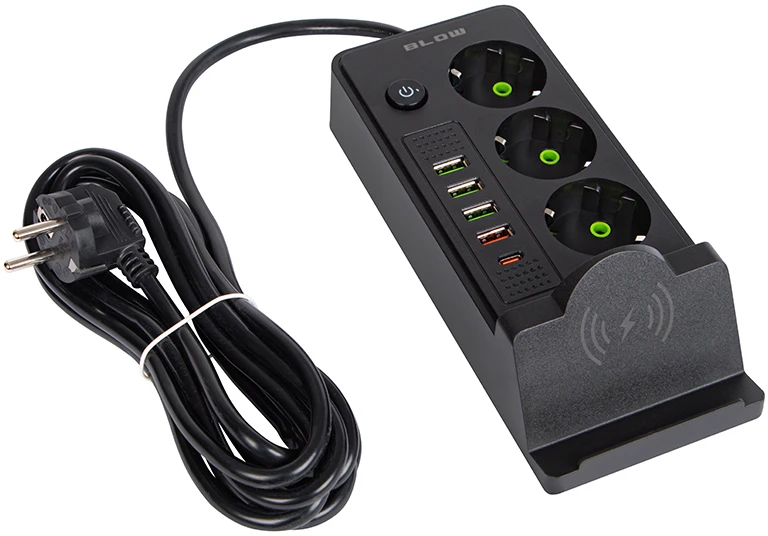 Blow PS-350U 3 lizdų maitinimo prailginimo laidas 4xUSB+USB-PD 3m juodas 3x1mm