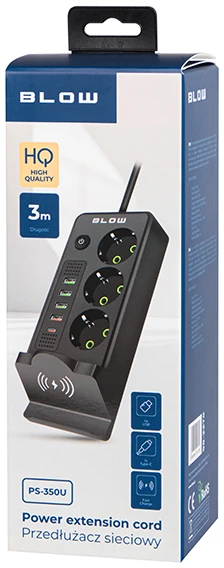 Blow PS-350U 3 lizdų maitinimo prailginimo laidas 4xUSB+USB-PD 3m juodas 3x1mm