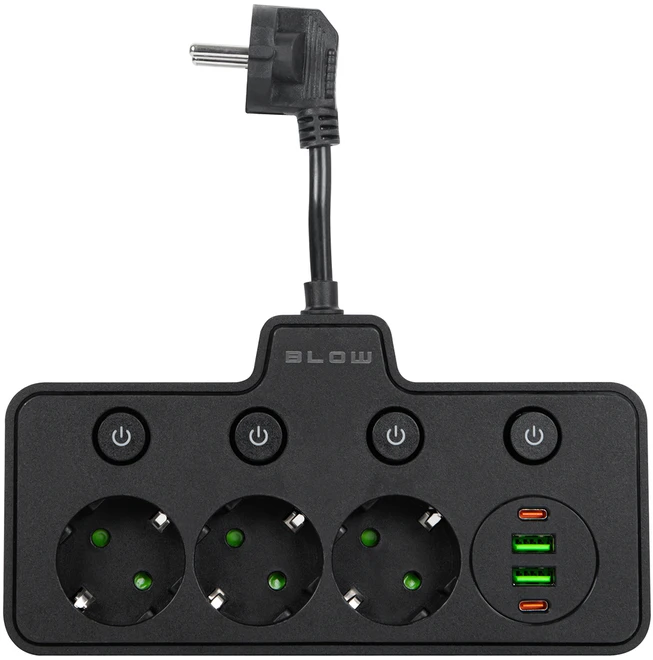 Blow PS-310 skirstytuvas, 3 lizdai + 2xUSB + 2xUSB-C, 0.1 m, juodas, 3x1 mm prailginimo laidas