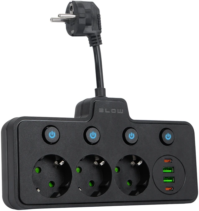 Blow PS-310 skirstytuvas, 3 lizdai + 2xUSB + 2xUSB-C, 0.1 m, juodas, 3x1 mm prailginimo laidas