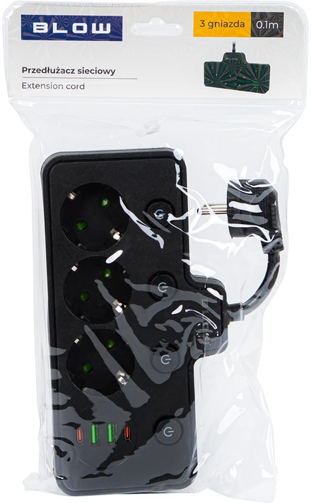 Blow PS-310 skirstytuvas, 3 lizdai + 2xUSB + 2xUSB-C, 0.1 m, juodas, 3x1 mm prailginimo laidas