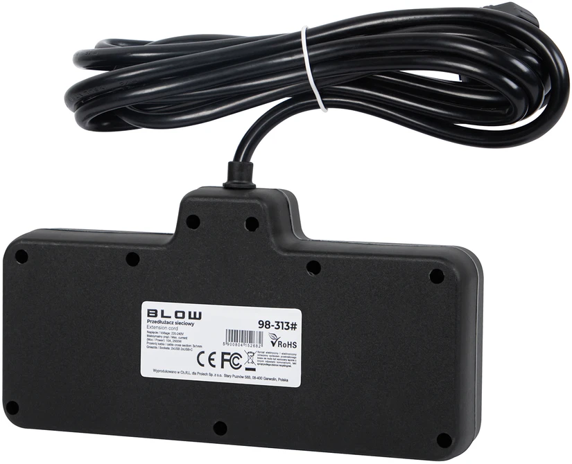 Blow PS-310 skirstytuvas, 3 lizdai + 2xUSB + 2xUSB-C, 3 m juodas, 3x1 mm prailginimo laidas