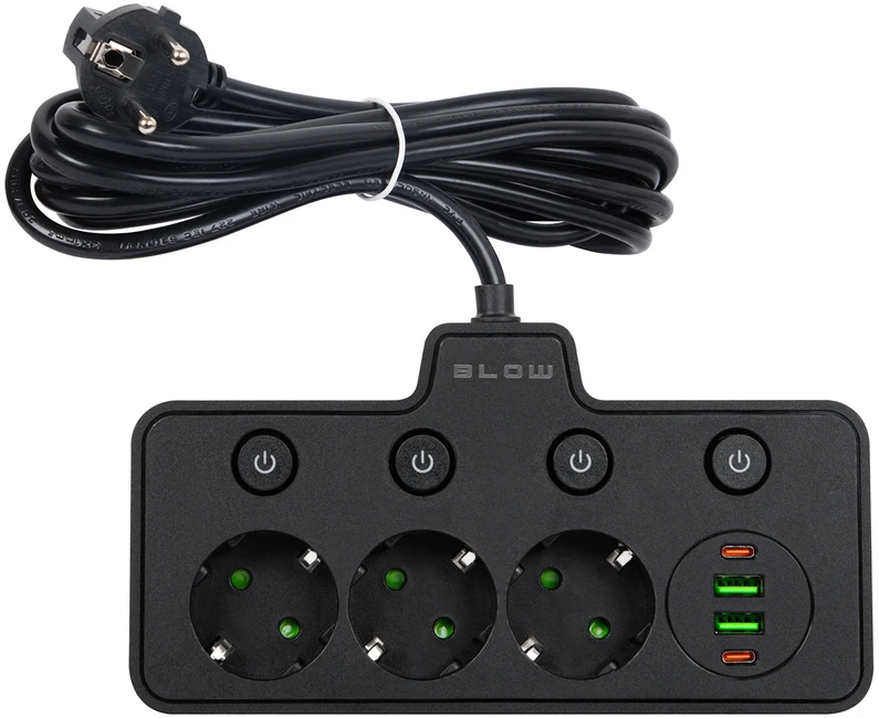 Blow PS-310 skirstytuvas, 3 lizdai + 2xUSB + 2xUSB-C, 3 m juodas, 3x1 mm prailginimo laidas