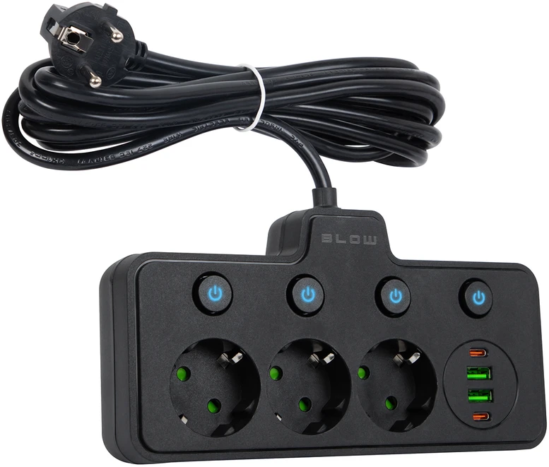 Blow PS-310 skirstytuvas, 3 lizdai + 2xUSB + 2xUSB-C, 3 m juodas, 3x1 mm prailginimo laidas