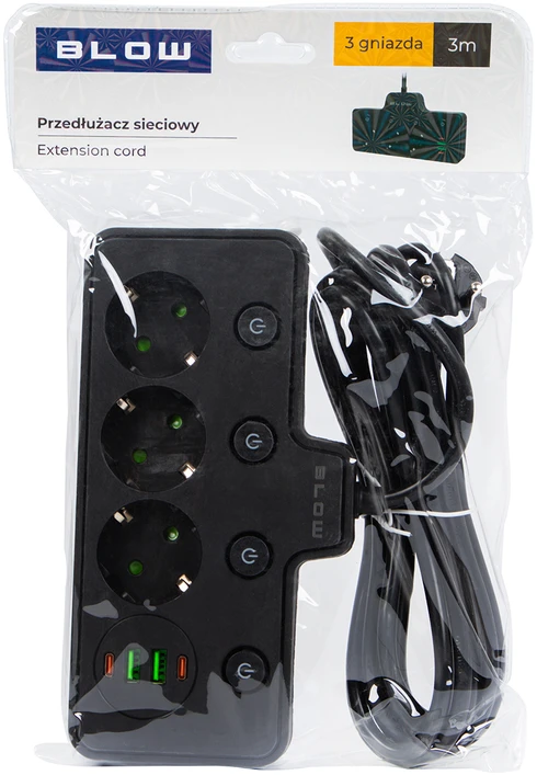 Blow PS-310 skirstytuvas, 3 lizdai + 2xUSB + 2xUSB-C, 3 m juodas, 3x1 mm prailginimo laidas