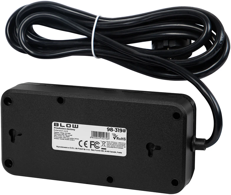 Blow PS-350Z Maitinimo prailginimo kabelis su 3 lizdais, 4xUSB+USB-PD, 3m, juodas, 3x1mm