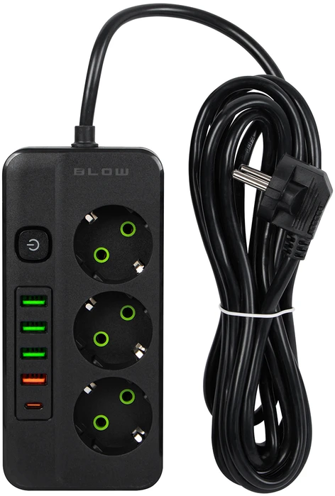Blow PS-350Z Maitinimo prailginimo kabelis su 3 lizdais, 4xUSB+USB-PD, 3m, juodas, 3x1mm
