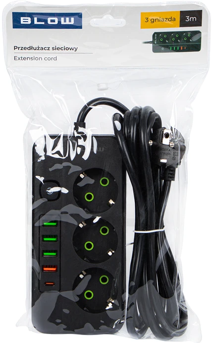 Blow PS-350Z Maitinimo prailginimo kabelis su 3 lizdais, 4xUSB+USB-PD, 3m, juodas, 3x1mm