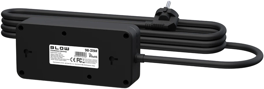 Blow PS-350Z Maitinimo prailginimo kabelis su 3 lizdais, 4xUSB+USB-PD, 3m, juodas, 3x1mm