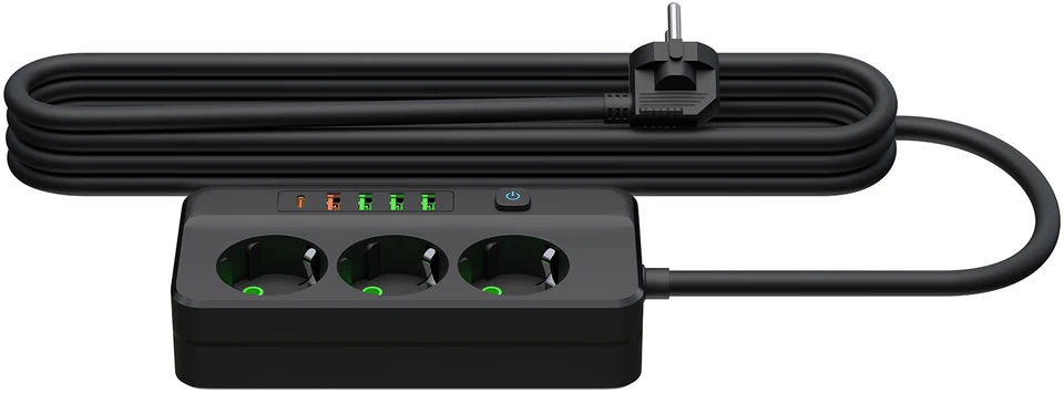 Blow PS-350Z Maitinimo prailginimo kabelis su 3 lizdais, 4xUSB+USB-PD, 3m, juodas, 3x1mm