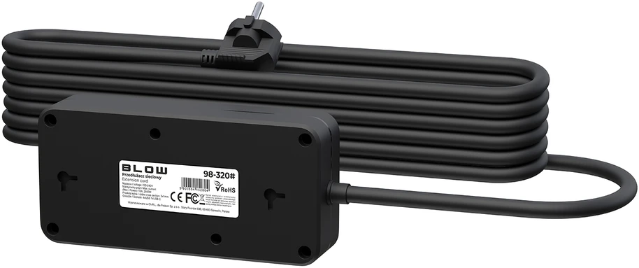 Blow PS-350Z Maitinimo prailginimo kabelis su 3 lizdais, 4xUSB+USB-PD, 5m, juodas, 3x1mm