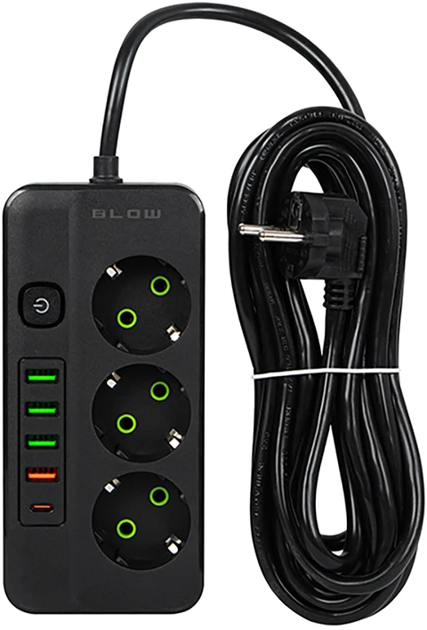 Blow PS-350Z Maitinimo prailginimo kabelis su 3 lizdais, 4xUSB+USB-PD, 5m, juodas, 3x1mm