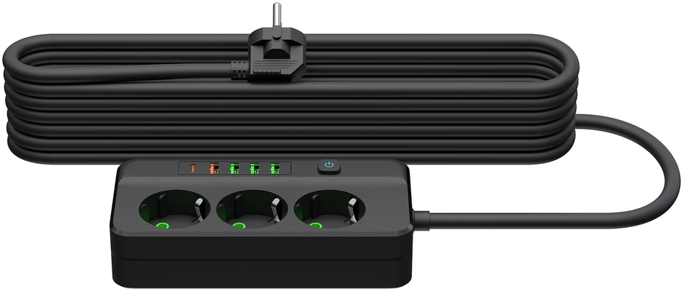 Blow PS-350Z Maitinimo prailginimo kabelis su 3 lizdais, 4xUSB+USB-PD, 5m, juodas, 3x1mm