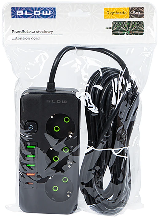 Blow PS-350Z Maitinimo prailginimo kabelis su 3 lizdais, 4xUSB+USB-PD, 5m, juodas, 3x1mm