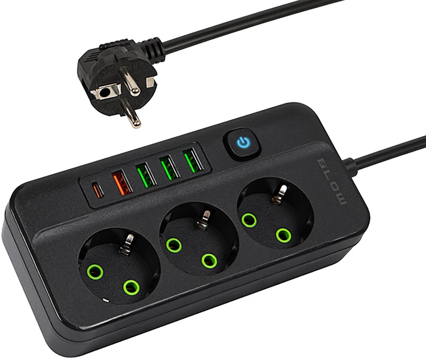 Blow PS-350Z Maitinimo prailginimo kabelis su 3 lizdais, 4xUSB+USB-PD, 5m, juodas, 3x1mm