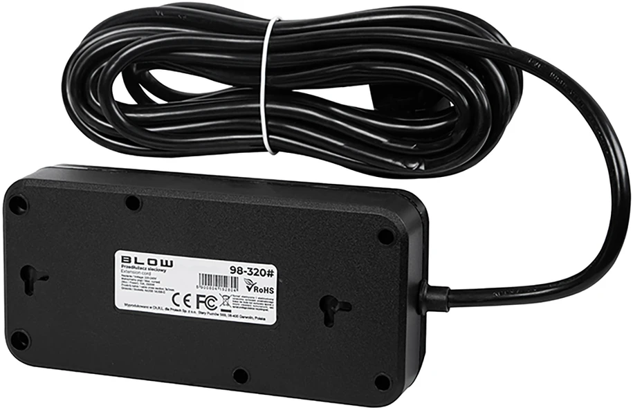 Blow PS-350Z Maitinimo prailginimo kabelis su 3 lizdais, 4xUSB+USB-PD, 5m, juodas, 3x1mm