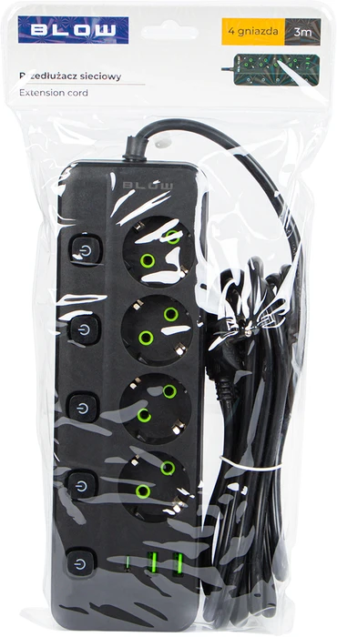 Blow PS-450M maitinimo prailginimo kabelis su 4 lizdais, 2xUSB+USB-C, 3m, juodas, 3x1mm