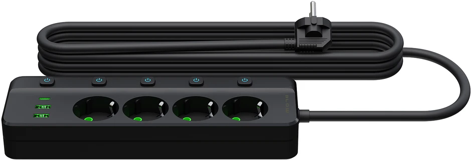 Blow PS-450M maitinimo prailginimo kabelis su 4 lizdais, 2xUSB+USB-C, 3m, juodas, 3x1mm