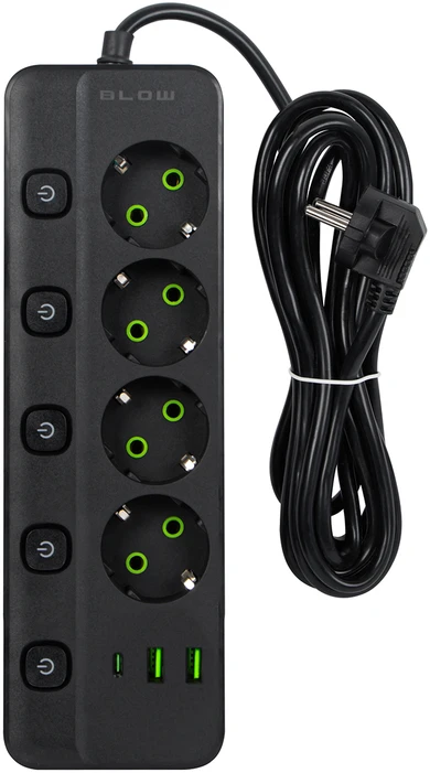 Blow PS-450M maitinimo prailginimo kabelis su 4 lizdais, 2xUSB+USB-C, 3m, juodas, 3x1mm