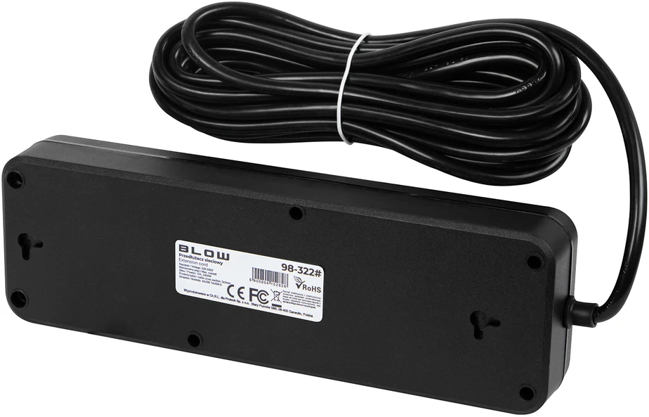 Blow PS-450M maitinimo prailginimo kabelis su 4 lizdais, 2xUSB+USB-C, 5m, juodas, 3x1mm