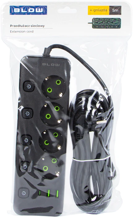 Blow PS-450M maitinimo prailginimo kabelis su 4 lizdais, 2xUSB+USB-C, 5m, juodas, 3x1mm