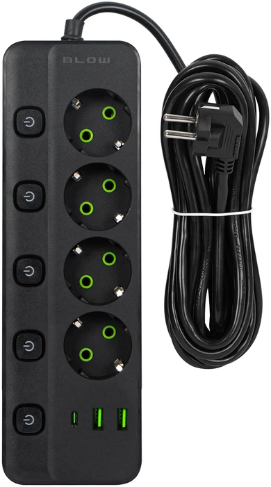 Blow PS-450M maitinimo prailginimo kabelis su 4 lizdais, 2xUSB+USB-C, 5m, juodas, 3x1mm