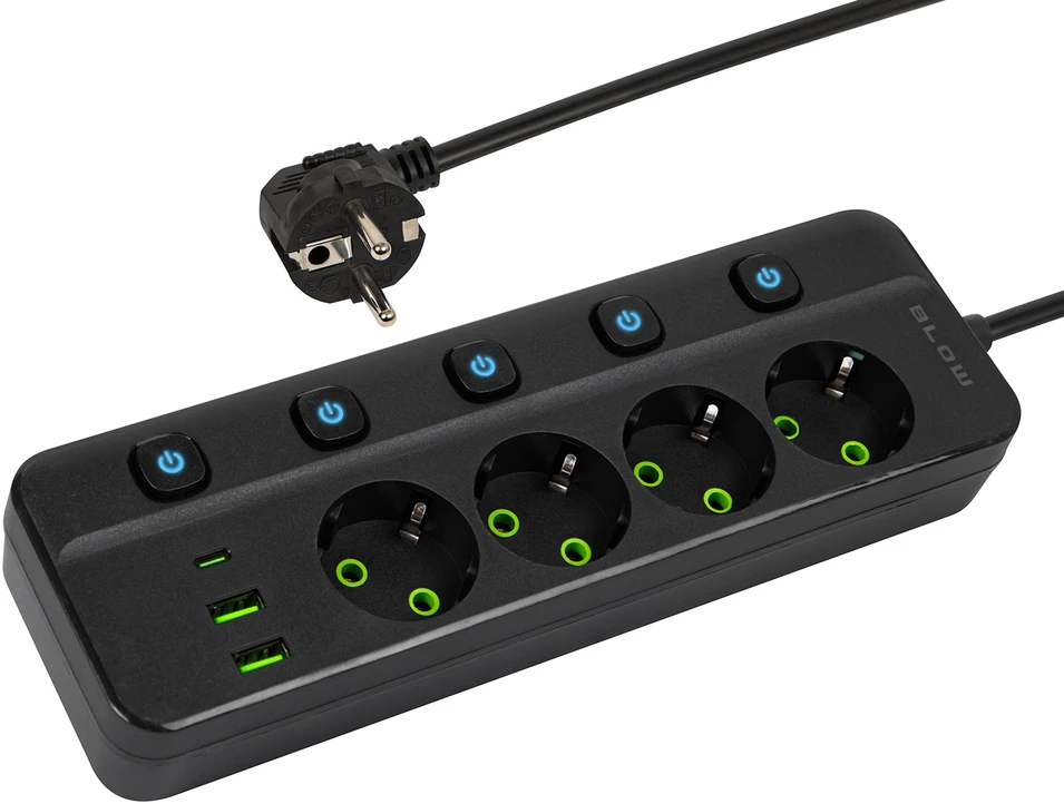 Blow PS-450M maitinimo prailginimo kabelis su 4 lizdais, 2xUSB+USB-C, 5m, juodas, 3x1mm