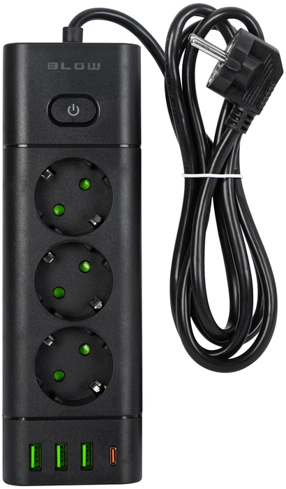 Blow PS-350T 3 lizdų maitinimo prailginimo kabelis 3xUSB+USB-PD 1.5m juodas 3x1mm