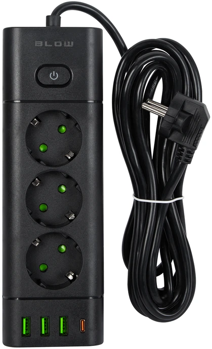 Blow PS-350T 3 lizdų maitinimo prailginimo kabelis 3xUSB+USB-PD 3m juodas 3x1mm