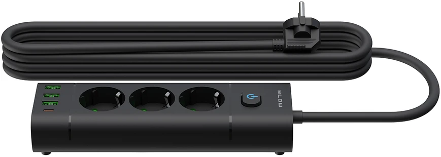 Blow PS-350T 3 lizdų maitinimo prailginimo kabelis 3xUSB+USB-PD 3m juodas 3x1mm