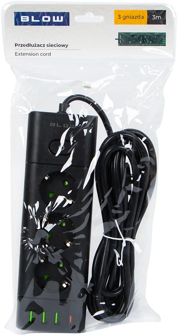 Blow PS-350T 3 lizdų maitinimo prailginimo kabelis 3xUSB+USB-PD 3m juodas 3x1mm