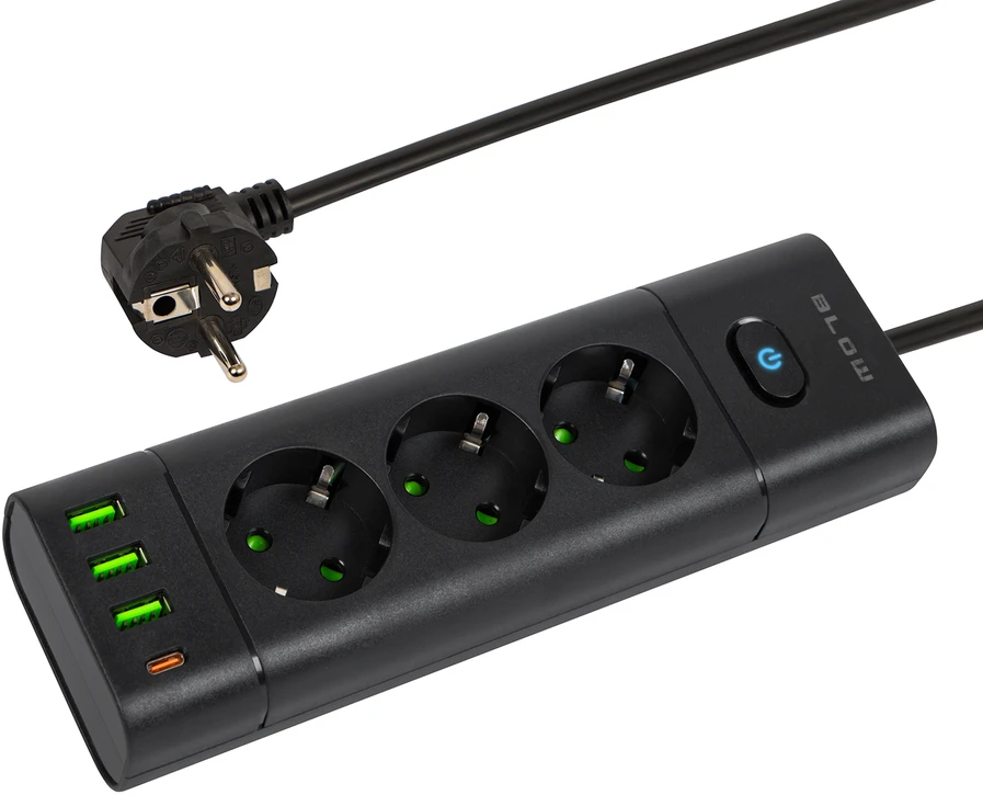 Blow PS-350T 3 lizdų maitinimo prailginimo kabelis 3xUSB+USB-PD 3m juodas 3x1mm