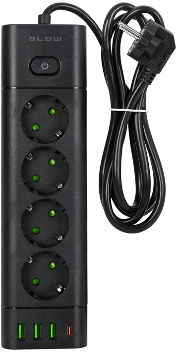 Blow PS-450T 4 lizdų maitinimo prailginimo kabelis 3xUSB+USB-PD 1.5m juodas 3x1mm