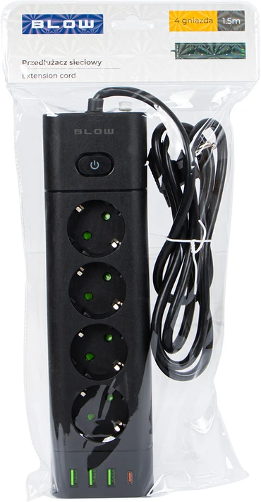 Blow PS-450T 4 lizdų maitinimo prailginimo kabelis 3xUSB+USB-PD 1.5m juodas 3x1mm