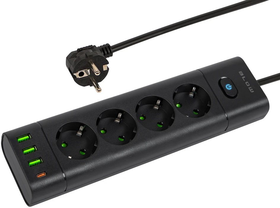 Blow PS-450T 4 lizdų maitinimo prailginimo kabelis 3xUSB+USB-PD 1.5m juodas 3x1mm