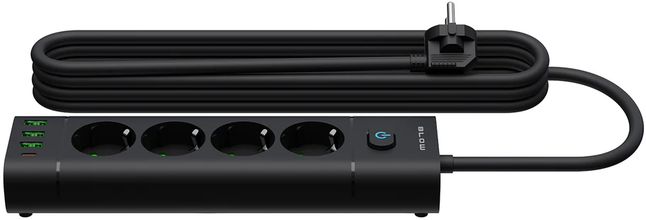 Blow PS-450T 4 lizdų maitinimo prailginimo kabelis 3xUSB+USB-PD 3m juodas 3x1mm