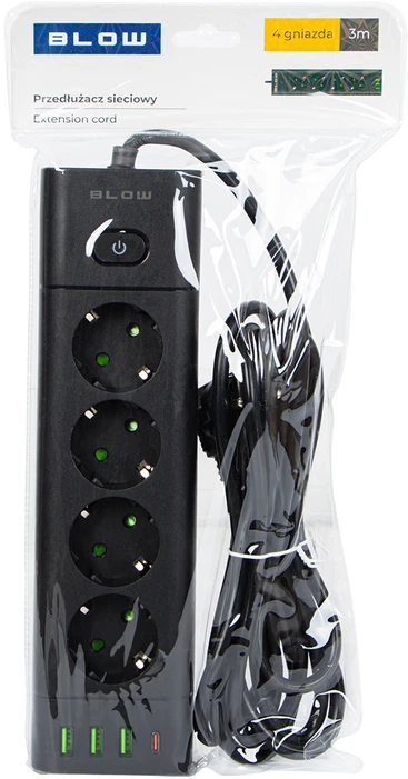 Blow PS-450T 4 lizdų maitinimo prailginimo kabelis 3xUSB+USB-PD 3m juodas 3x1mm
