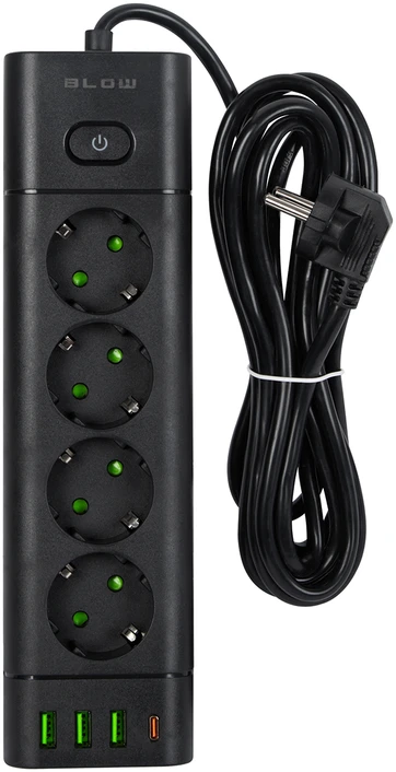 Blow PS-450T 4 lizdų maitinimo prailginimo kabelis 3xUSB+USB-PD 3m juodas 3x1mm