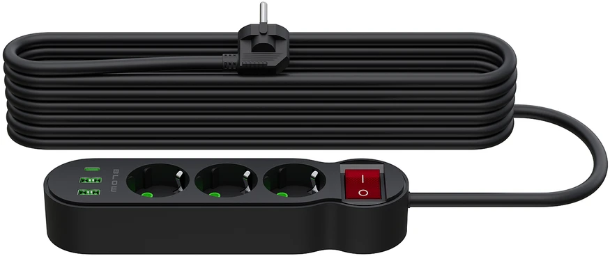 Blow PS-340 3 lizdų maitinimo prailginimo kabelis 2xUSB+USB-C 5m juodas 3x1mm