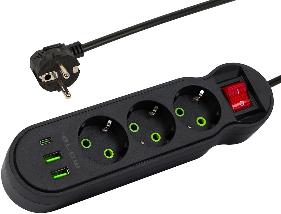 Blow PS-340 3 lizdų maitinimo prailginimo kabelis 2xUSB+USB-C 5m juodas 3x1mm