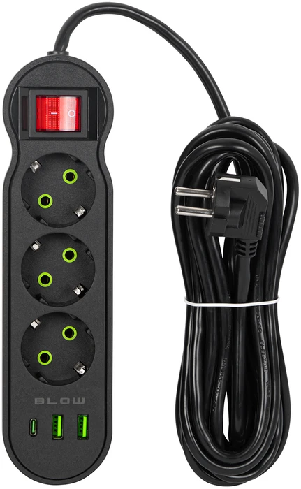 Blow PS-340 3 lizdų maitinimo prailginimo kabelis 2xUSB+USB-C 5m juodas 3x1mm