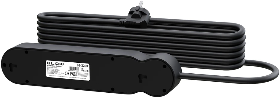 Blow PS-440 maitinimo prailginimo kabelis su 4 lizdais, 2xUSB+USB-C, 5m, juodas, 3x1mm