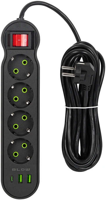 Blow PS-440 maitinimo prailginimo kabelis su 4 lizdais, 2xUSB+USB-C, 5m, juodas, 3x1mm